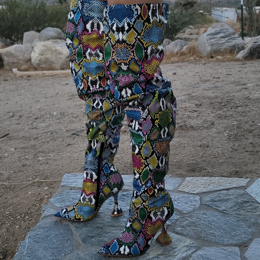 Ladies psychedelic snake skin thigh high boots